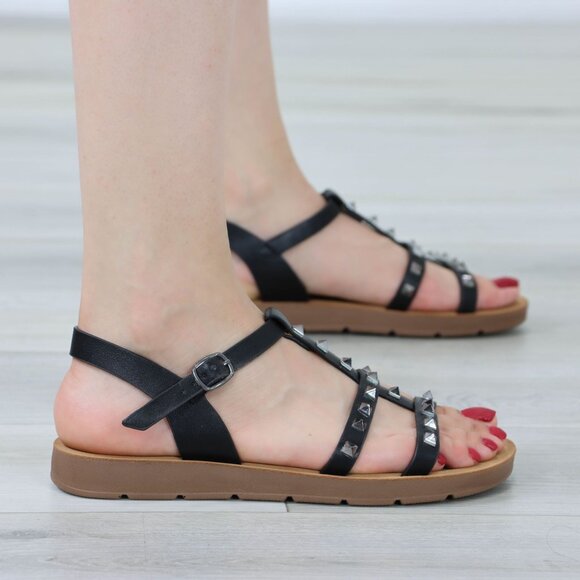 Black Metal Stud Trendy Comfy Flat Gladiator Sandal Slip On Sliders - Picture 9 of 12